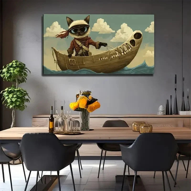 Black Cat Pirate Suitable Wall Art Canvas Office Home Room Framed 120x60cm