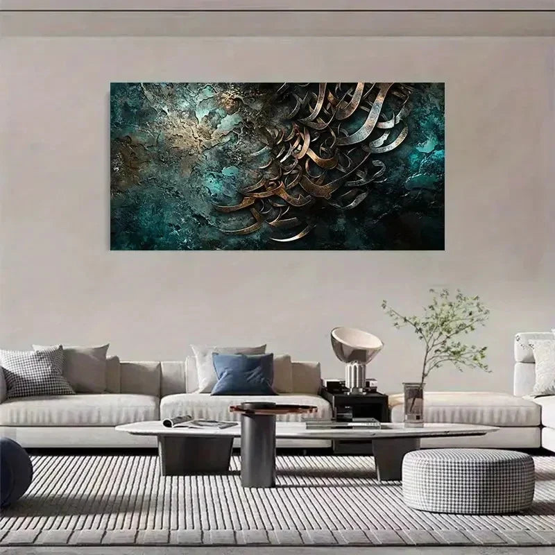 Modern Teal & Golden Abstract Wall Art Canvas Office Home Room Framed 120x60cm