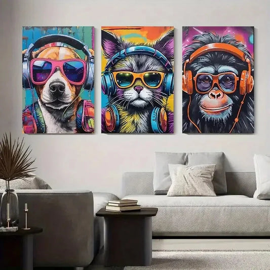 3pcs Colorful Animal Portraits with Headphones Metal Print Ready to Hang Art