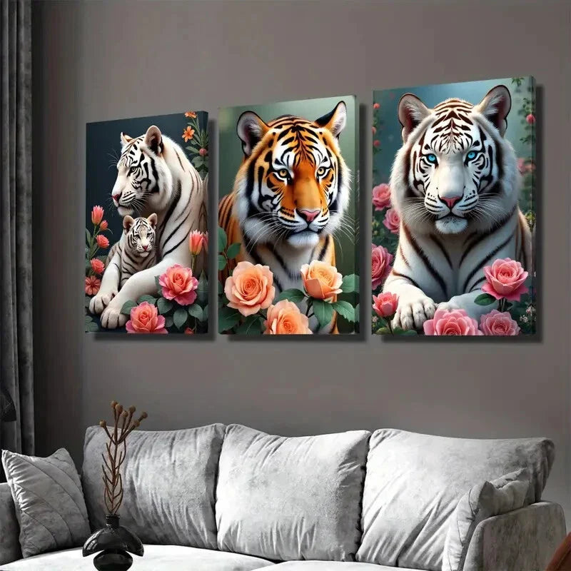 3pcs Stunning Tiger Vibrant Wildlife Paintings Wall Art Set Canvas Framed 40x60cm - High Quality Print 100% Australian Made Wall Canvas Ready to Hang