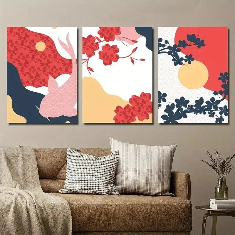 3pcs Japanese Flower Animal & Fish Illustration Wall Art Set Canvas Framed 40x60cm - High Quality Print 100% Australian Made Wall Canvas Ready to Hang
