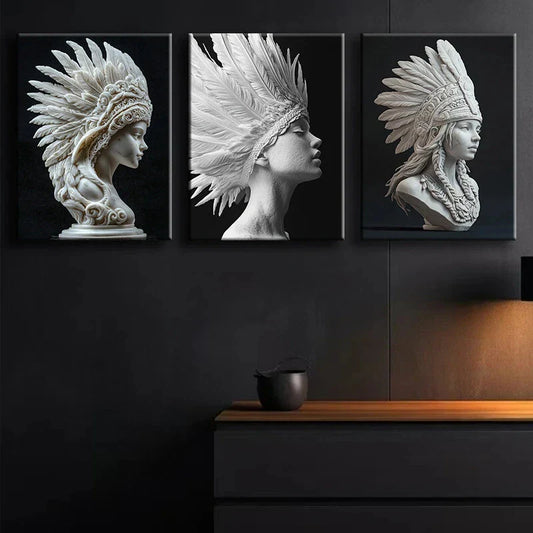 3pcs Abstract Modern Face Crown Gray Metal Print Ready to Hang Art