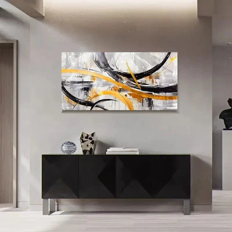 Abstract Black & Yellow Line Wall Art Canvas Office Home Room Framed 120x60cm