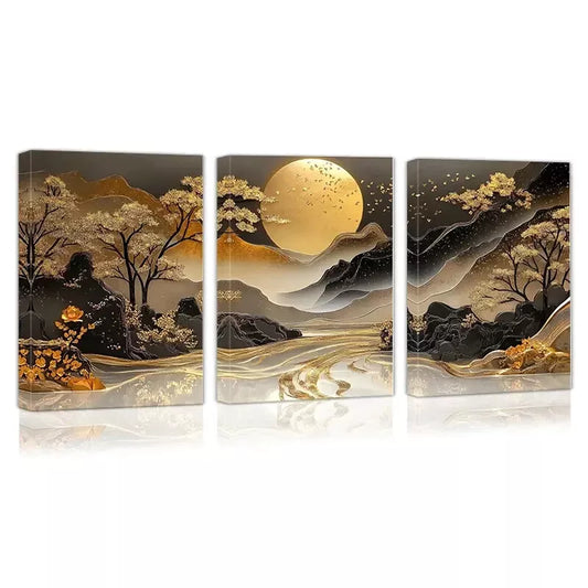3pcs Beautiful Golden Sun Mountain Trees Wall Art Set  Canvas Framed 40x60cm - High Quality Print 100% Australian Made Wall Canvas Ready to Hang