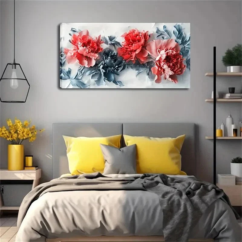Several Bright Red Peonies Wall Art Canvas Office Home Room Framed 120x60cm