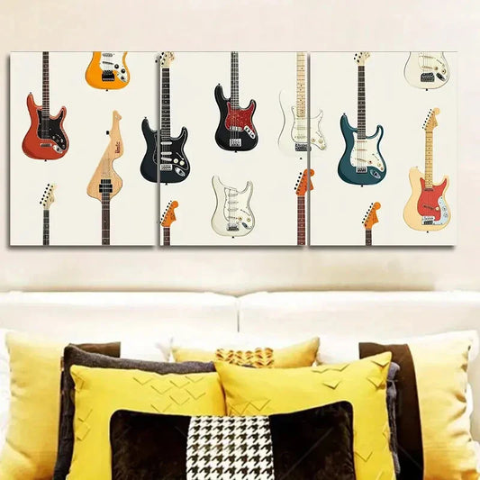 3pcs Guitar illustration Art Painting Metal Print Ready to Hang Art