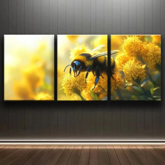 3pcs Bumblebee On Yellow Flowers Metal Print Ready to Hang Art