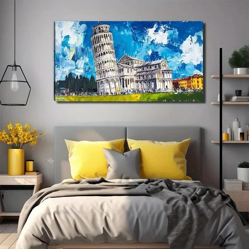 White Pisa Leaning Tower Wall Art Canvas Office Home Room Framed 120x60cm