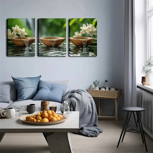 3pcs Wooden Tea Bowls and Waterfall Design  Wall Art Set Canvas Framed 40x60cm - High Quality Print 100% Australian Made Wall Canvas Ready to Hang