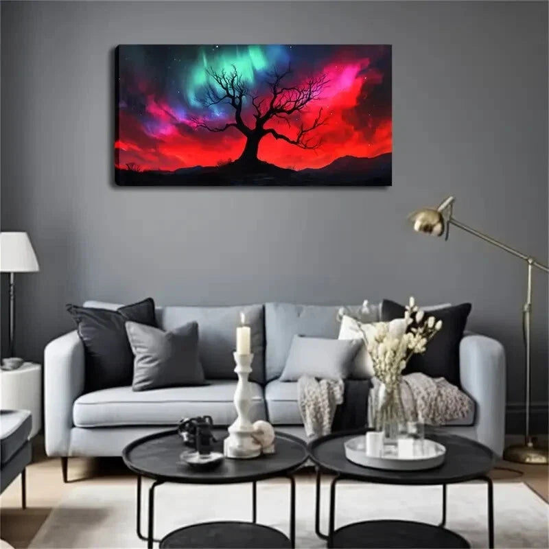Black Tree Silhouette Aurora Wall Art Canvas Office Home Room Framed 120x60cm