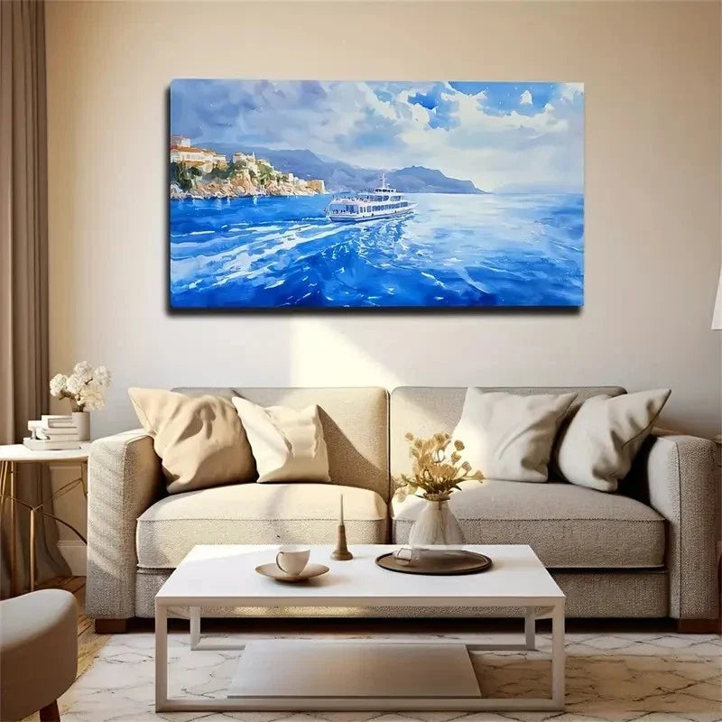 Blue White Gradient Ocean Wave Wall Art Canvas Office Home Room Framed 120x60cm