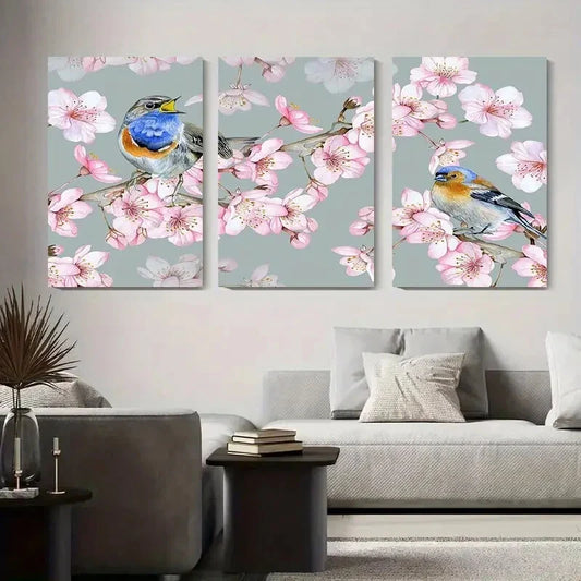 3pcs Cherry Blossom and Bird Colorful Birds Metal Print Ready to Hang Art
