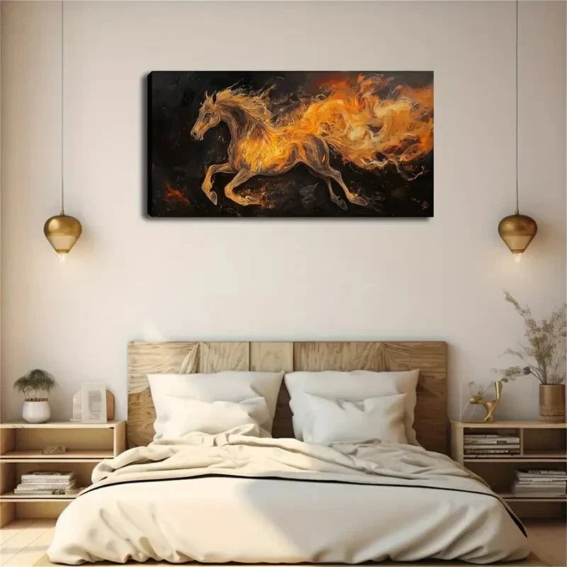 A Horse Running Flames Burning Wall Art Canvas Office Home Room Framed 120x60cm