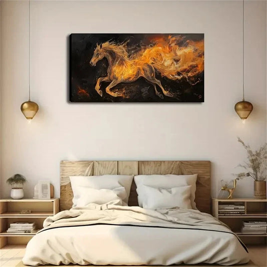 A Horse Running Flames Burning Wall Art Canvas Office Home Room Framed 120x60cm