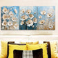 3pcs White Flowers On A Blue Background Metal Print Ready to Hang Art