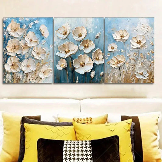 3pcs White Flowers On A Blue Background Metal Print Ready to Hang Art