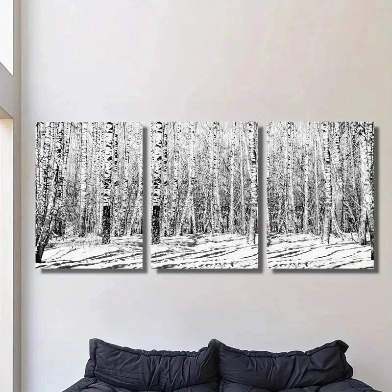 3pcs Black and White Birch Winter Forest Wall Art Set Canvas Framed 40x60cm - High Quality Print 100% Australian Made Wall Canvas Ready to Hang