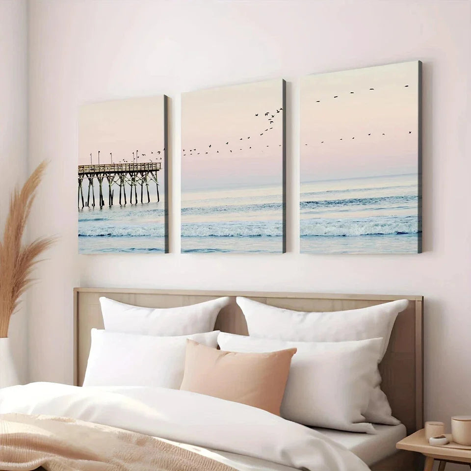3pcs California Ocean Blush Pink Coastal Beach Wall Art Set Canvas Framed 40x60cm - High Quality Print 100% Australian Made Wall Canvas Ready to Hang