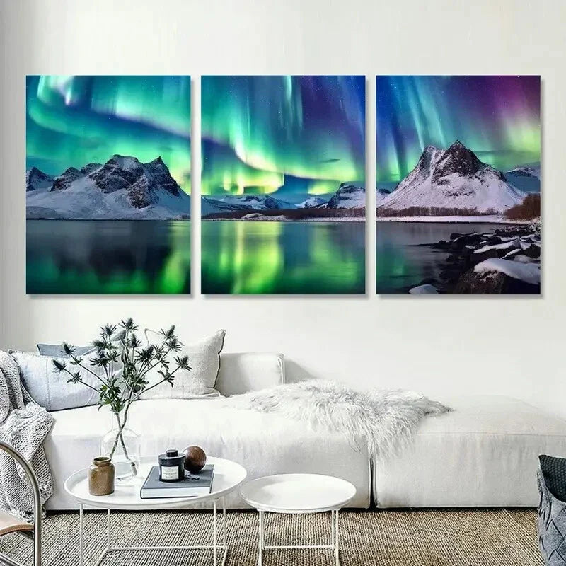 3pcs Aurora Borealis Mountains Lake  Wall Art Set Canvas Framed 40x60cm - High Quality Print 100% Australian Made Wall Canvas Ready to Hang