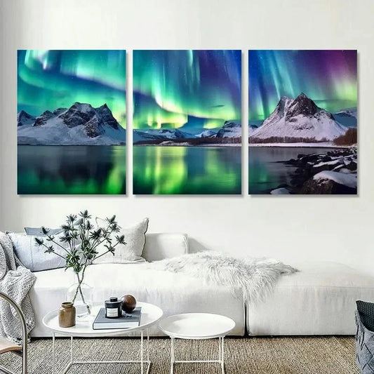 3pcs Aurora Borealis Mountains Lake  Wall Art Set Canvas Framed 40x60cm - High Quality Print 100% Australian Made Wall Canvas Ready to Hang