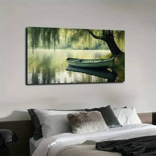 Serene Lake Scene Boat Décor Wall Art Canvas Office Home Room Framed 120x60cm