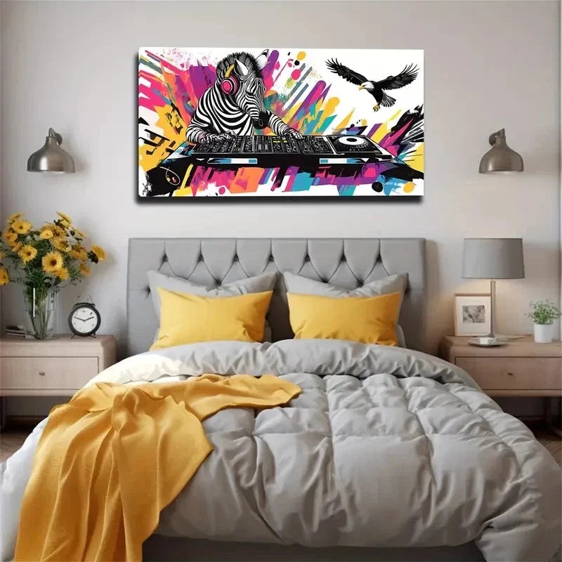 Zebra DJing With Vibrant Color Wall Art Canvas Office Home Room Framed 80x45cm
