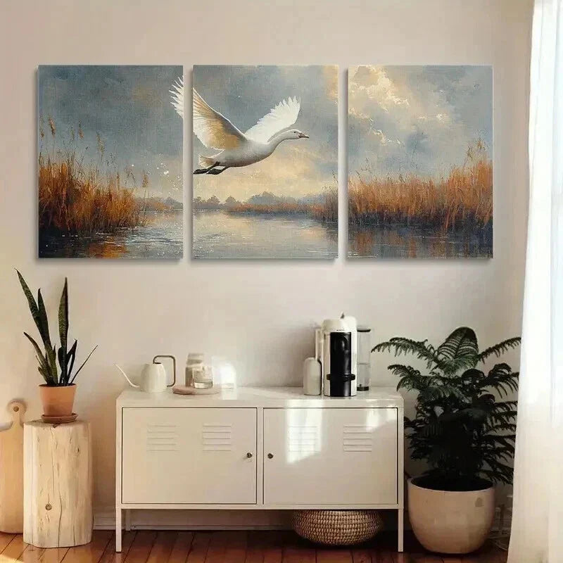 3pcs Serene Landscape with Swans and Reeds Wall Art Set Canvas Framed 40x60cm - High Quality Print 100% Australian Made Wall Canvas Ready to Hang