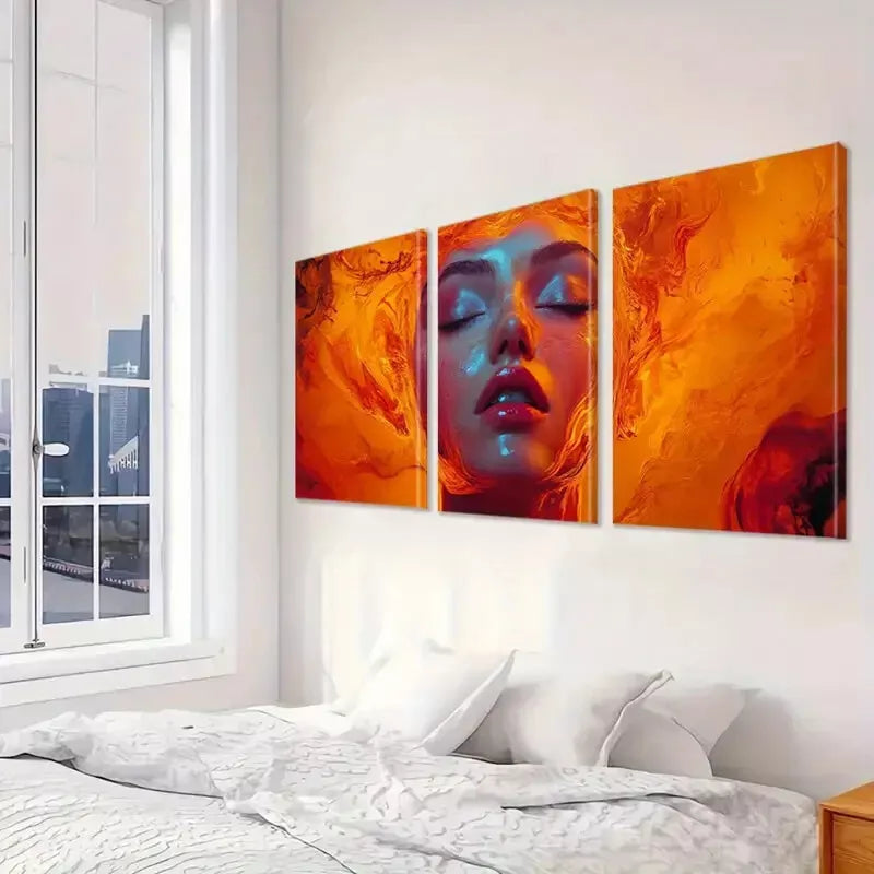 3pcs Fiery Hair Vibrant Orange & Red Abstract Wall Art Set Canvas Framed 40x60cm - High Quality Print 100% Australian Made Wall Canvas Ready to Hang