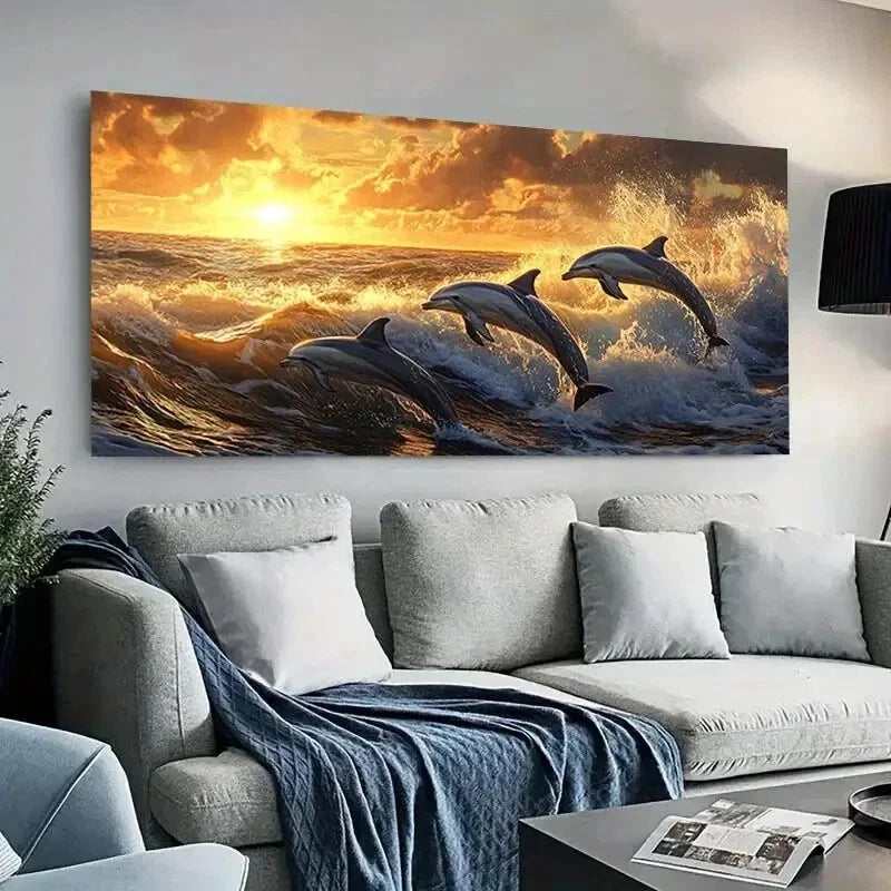 Vibrant Dolphin Leaping wall canvas office home room framed 120x60cm
