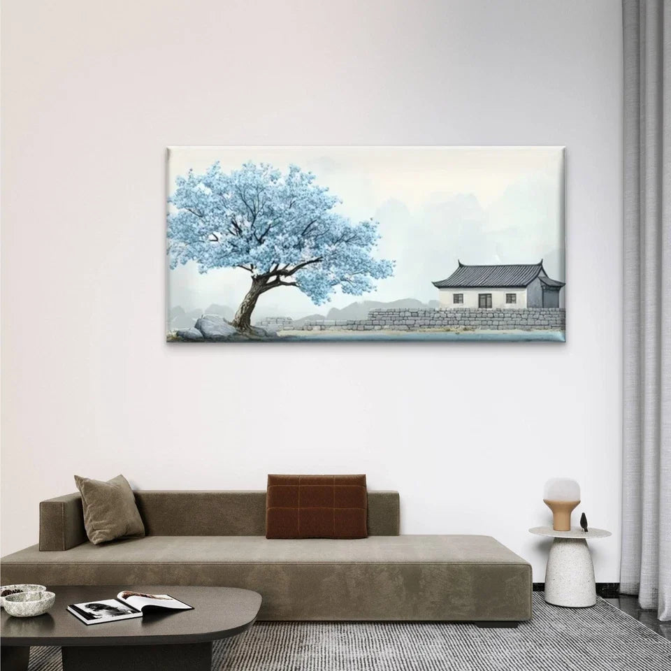 Trees And Houses Lake Wall Art Canvas Office Home Room Framed 80x45cm