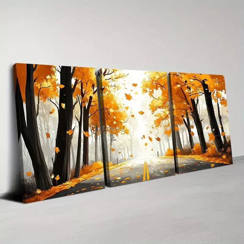 3pcs Autumn Forest Mountain Road Watercolor Wall Art  Set Canvas Framed 40x60cm - High Quality Print 100% Australian Made Wall Canvas Ready to Hang