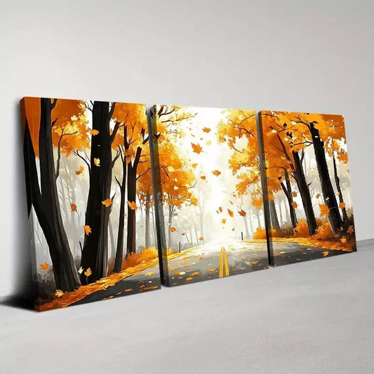3pcs Autumn Forest Mountain Road Watercolor Wall Art  Set Canvas Framed 40x60cm - High Quality Print 100% Australian Made Wall Canvas Ready to Hang