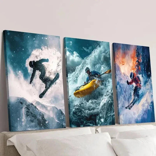 3pcs Skiing and Kayaking Surfing Wall Art Set Canvas Framed 40x60cm - High Quality Print 100% Australian Made Wall Canvas Ready to Hang