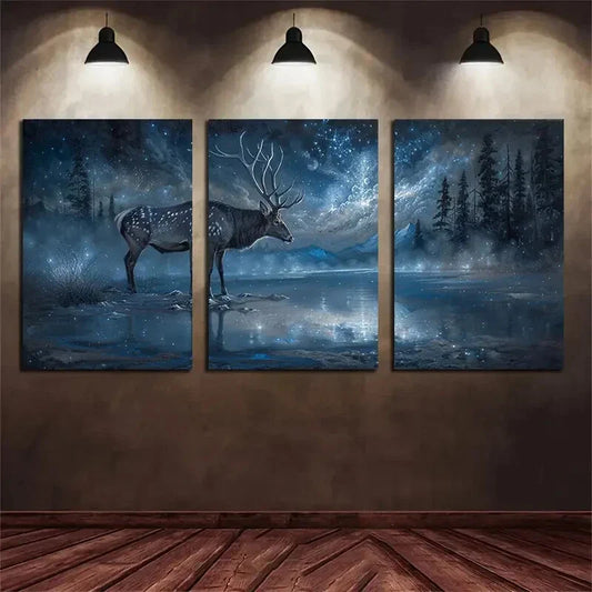 3pcs Enchanted Forest Deer Night Sky Metal Print Ready to Hang Art