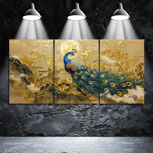 3pcs Stunning Gold Modern Peacock Metal Print Ready to Hang Art