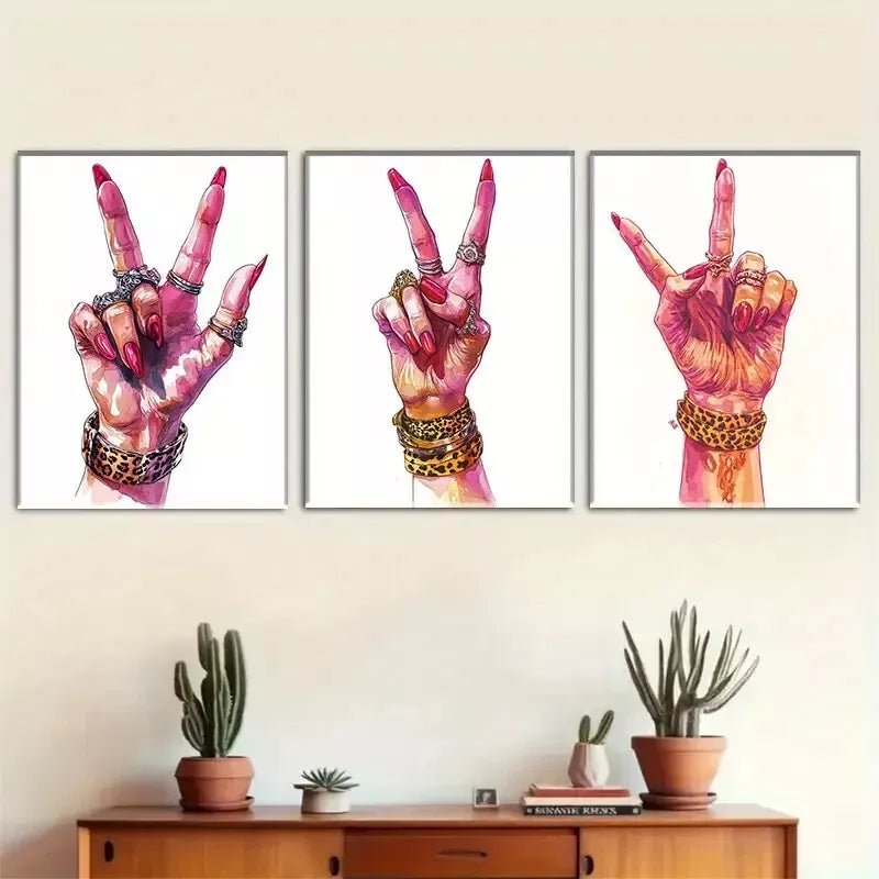 3pcs Fashionable Hand Gesture Triptych Wall Art Set Canvas Framed 40x60cm - High Quality Print 100% Australian Made Wall Canvas Ready to Hang