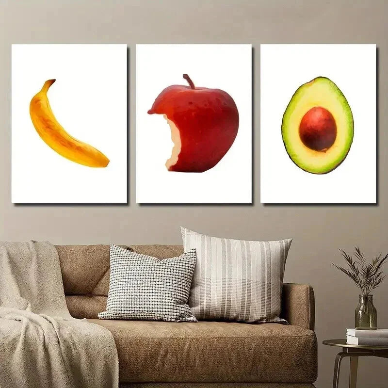 3pcs Simple Fruit Banana Avocado & Apple Wall Art Set Canvas Framed 40x60cm - High Quality Print 100% Australian Made Wall Canvas Ready to Hang