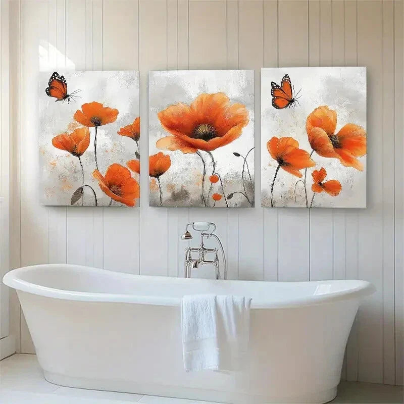 3pcs Vibrant Orange Poppy and Butterfly Perfect Wall Art Set Canvas Framed 40x60cm - High Quality Print 100% Australian Made Wall Canvas Ready to Hang