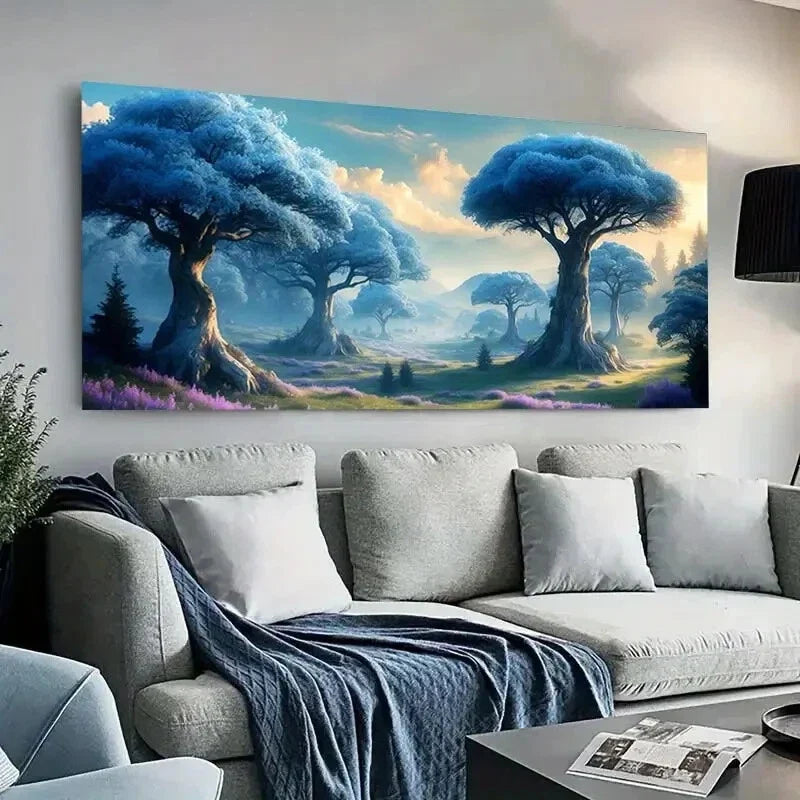 Blue Trees Misty Mountains wall canvas office home room framed 120x60cm