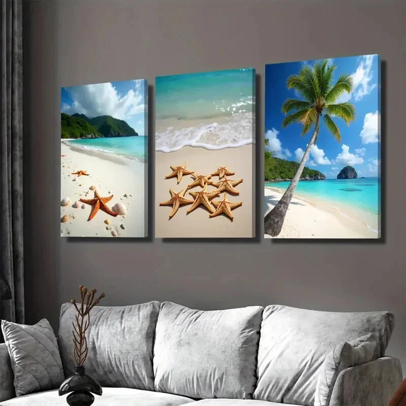 3pcs Beach Scene Paradise With Starfish Trees Wall Art Set Canvas Framed 40x60cm - High Quality Print 100% Australian Made Wall Canvas Ready to Hang