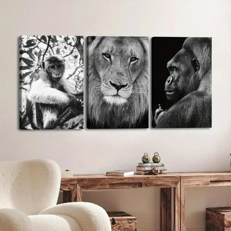 3pcs Vintage Black Animal Monkey Lion & Gorilla Wall Art Set Canvas Framed 40x60cm - High Quality Print 100% Australian Made Wall Canvas Ready to Hang