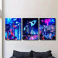 3pcs Sci-Fi City Night Scene with Neon Colors Wall Art Set Canvas Framed 40x60cm - High Quality Print 100% Australian Made Wall Canvas Ready to Hang