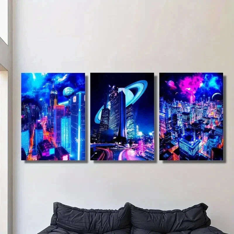 3pcs Sci-Fi City Night Scene with Neon Colors Wall Art Set Canvas Framed 40x60cm - High Quality Print 100% Australian Made Wall Canvas Ready to Hang