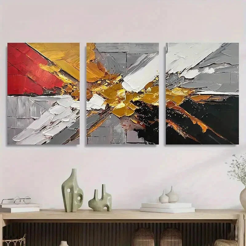 3pcs Abstract Geometric Bold Red, Yellow and Gray Metal Print Ready to Hang Art