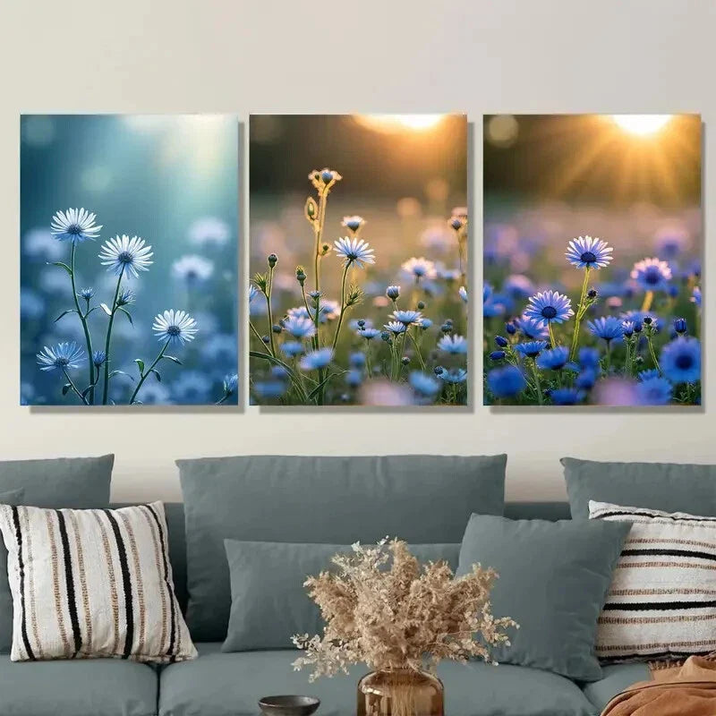 3pcs Blue And White Floral Daisies Snapdragons Wall Art Set Canvas Framed 40x60cm - High Quality Print 100% Australian Made Wall Canvas Ready to Hang