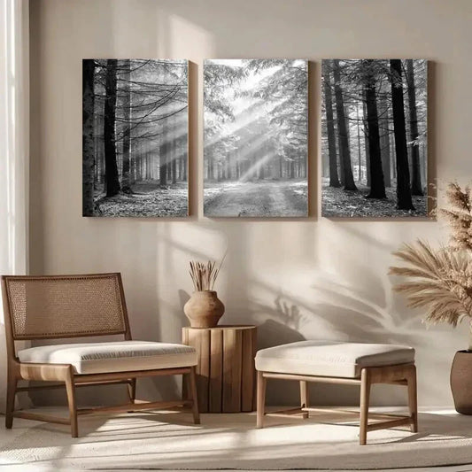 3pcs Black And White Forest Landscape Metal Print Ready to Hang Art