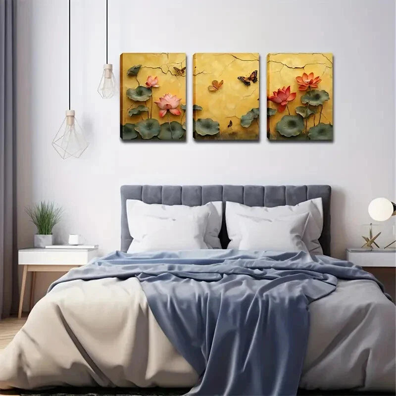 3pcs Lotus Flowers with Water and Butterflies Wall Art Set Canvas Framed 40x60cm - High Quality Print 100% Australian Made Wall Canvas Ready to Hang