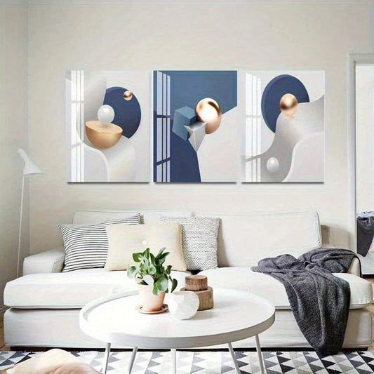 3pcs Geometry Abstract Blue Gray White Bright Metal Print Ready to Hang Art