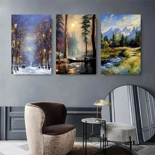 3pcs Winter Snowy Path, Serene Boat on Lake Metal Print Ready to Hang Art