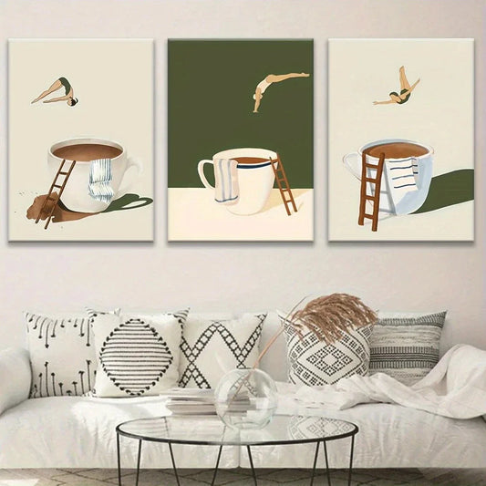 3pcs Geometric Abstract Coffee Cup Design Metal Print Ready to Hang Art
